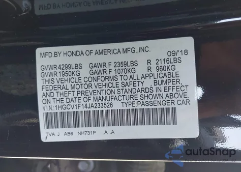 2018 Honda Accord Lx z USA, uszkodzony, nr VIN 1HGCV1F14JA233526